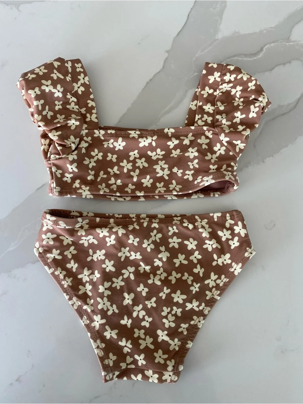 Quincy Mae zippy Brown summer bloom Floral puff sleeve Ruffle 2-Piece Swimsuit